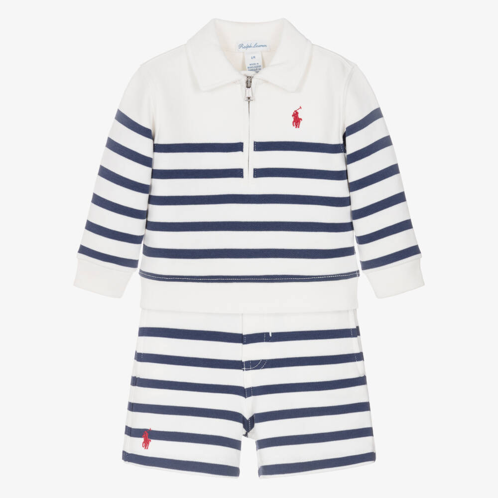 Ralph Lauren-Baby Boys Ivory & Blue Stripe Cotton Shorts Set | Childrensalon