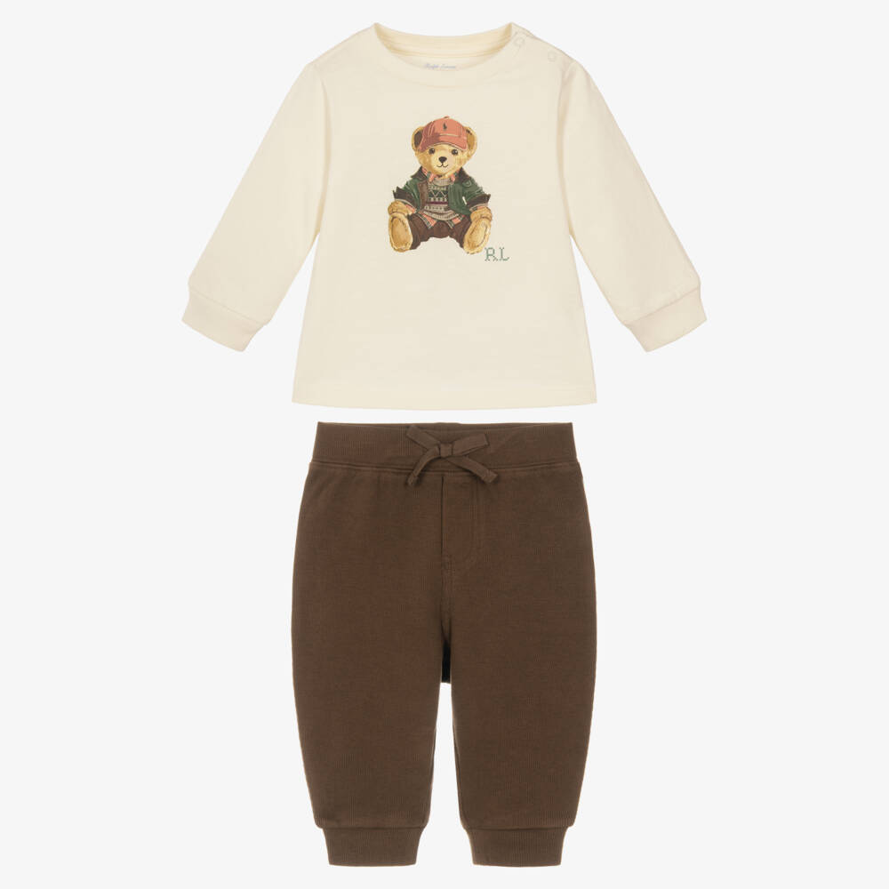 Ralph Lauren-Baby Boys Ivory & Brown Polo Bear Trouser Set | Childrensalon