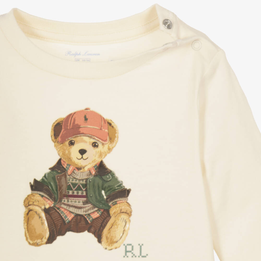 Ralph Lauren-Baby Boys Ivory & Brown Polo Bear Trouser Set | Childrensalon