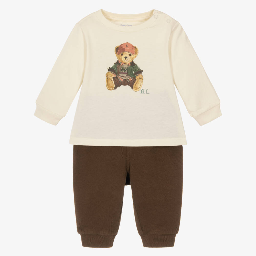 Ralph Lauren-Baby Boys Ivory & Brown Polo Bear Trouser Set | Childrensalon