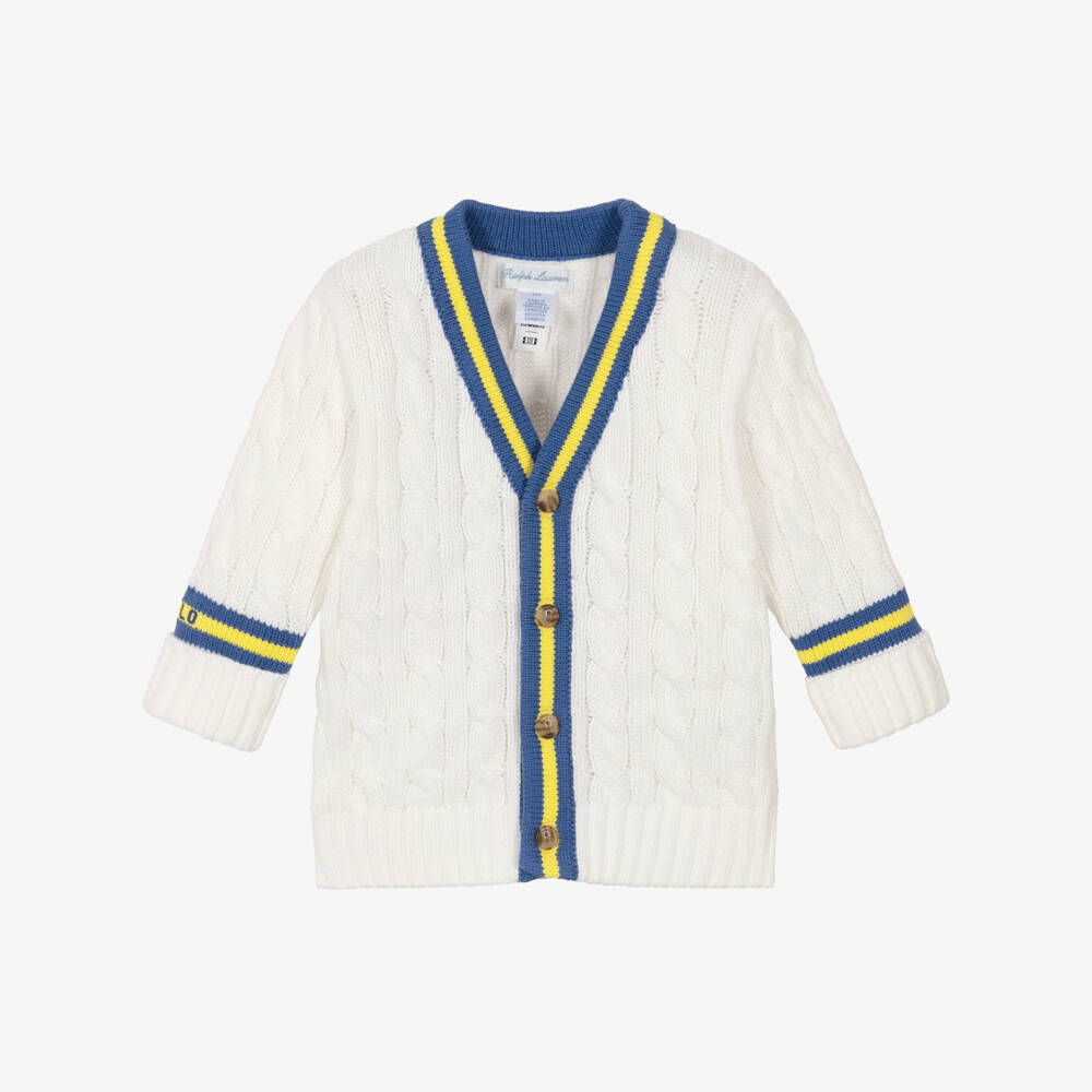 Ralph Lauren-Baby Boys Ivory Cotton Cable Knit Cardigan with Blue Trim | Childrensalon