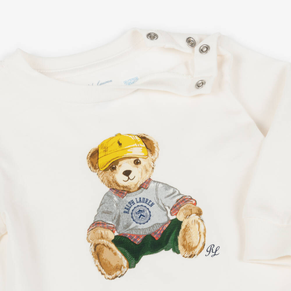 Ralph Lauren-Baby Boys Ivory Cotton Polo Bear Long Sleeve Top | Childrensalon