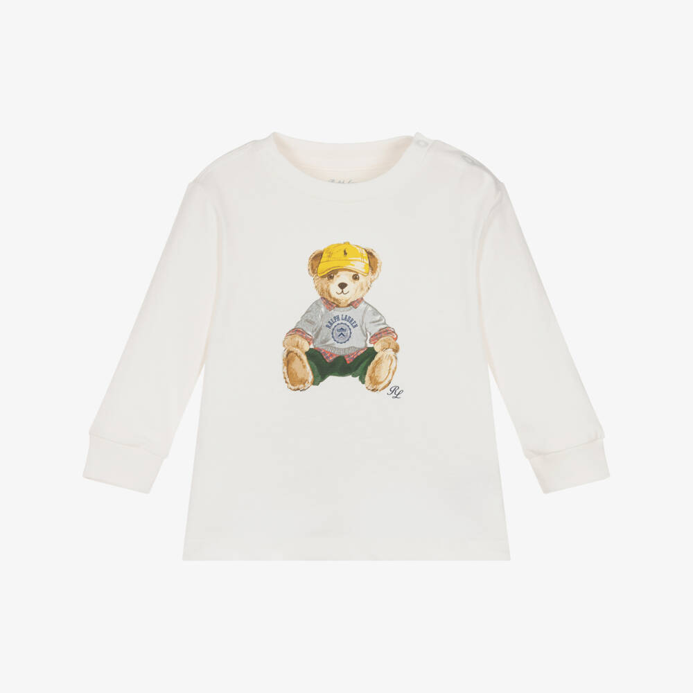 Ralph Lauren-Baby Boys Ivory Cotton Polo Bear Long Sleeve Top | Childrensalon
