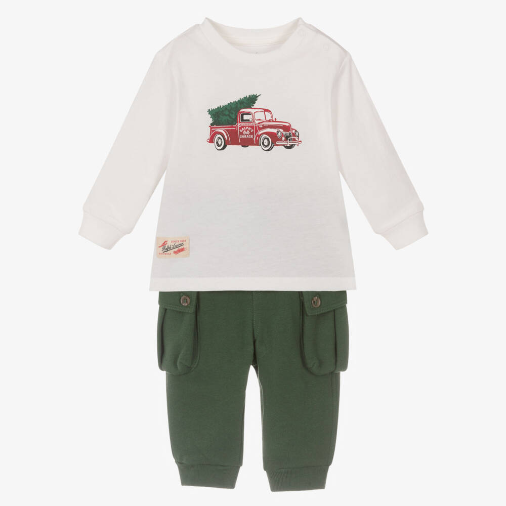 Ralph Lauren-Baby Boys Ivory & Green Cotton Trouser Set with Truck Print | Childrensalon