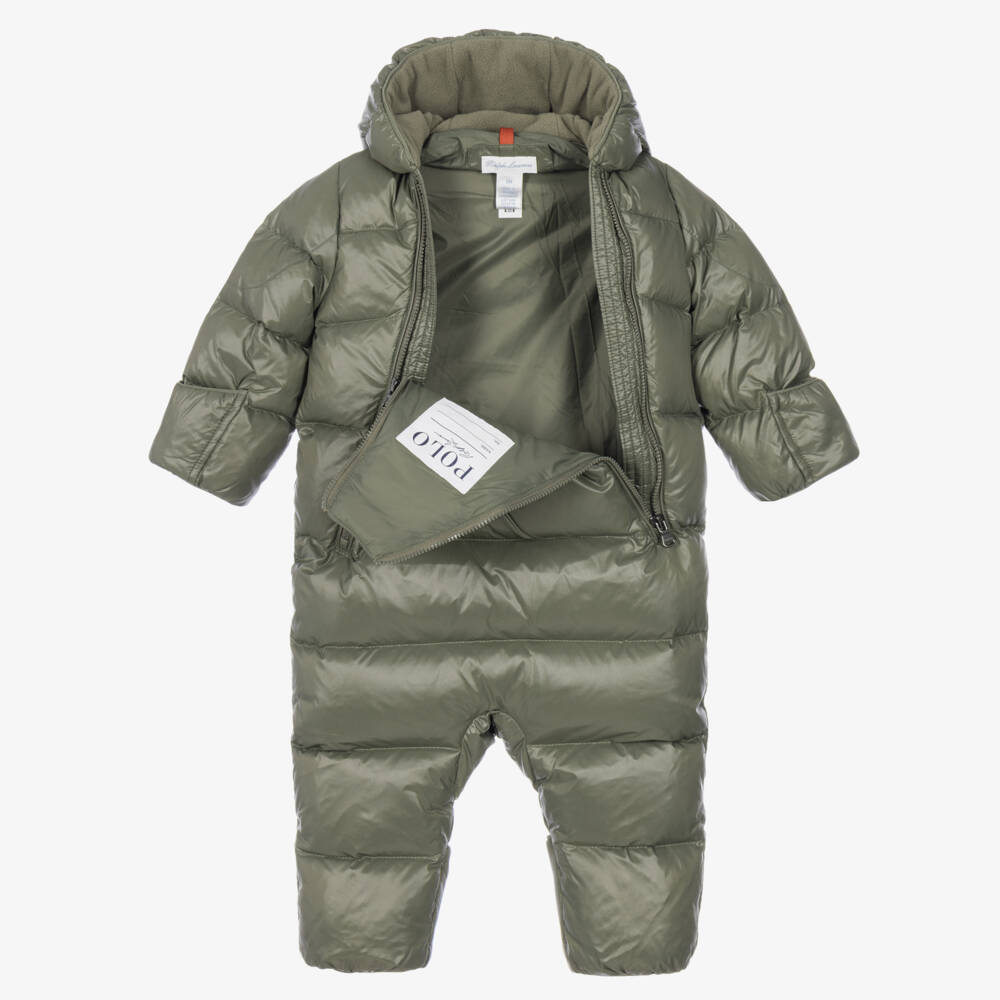 Ralph Lauren-Baby Boys Moss Green Down Puffer Snowsuit | Childrensalon