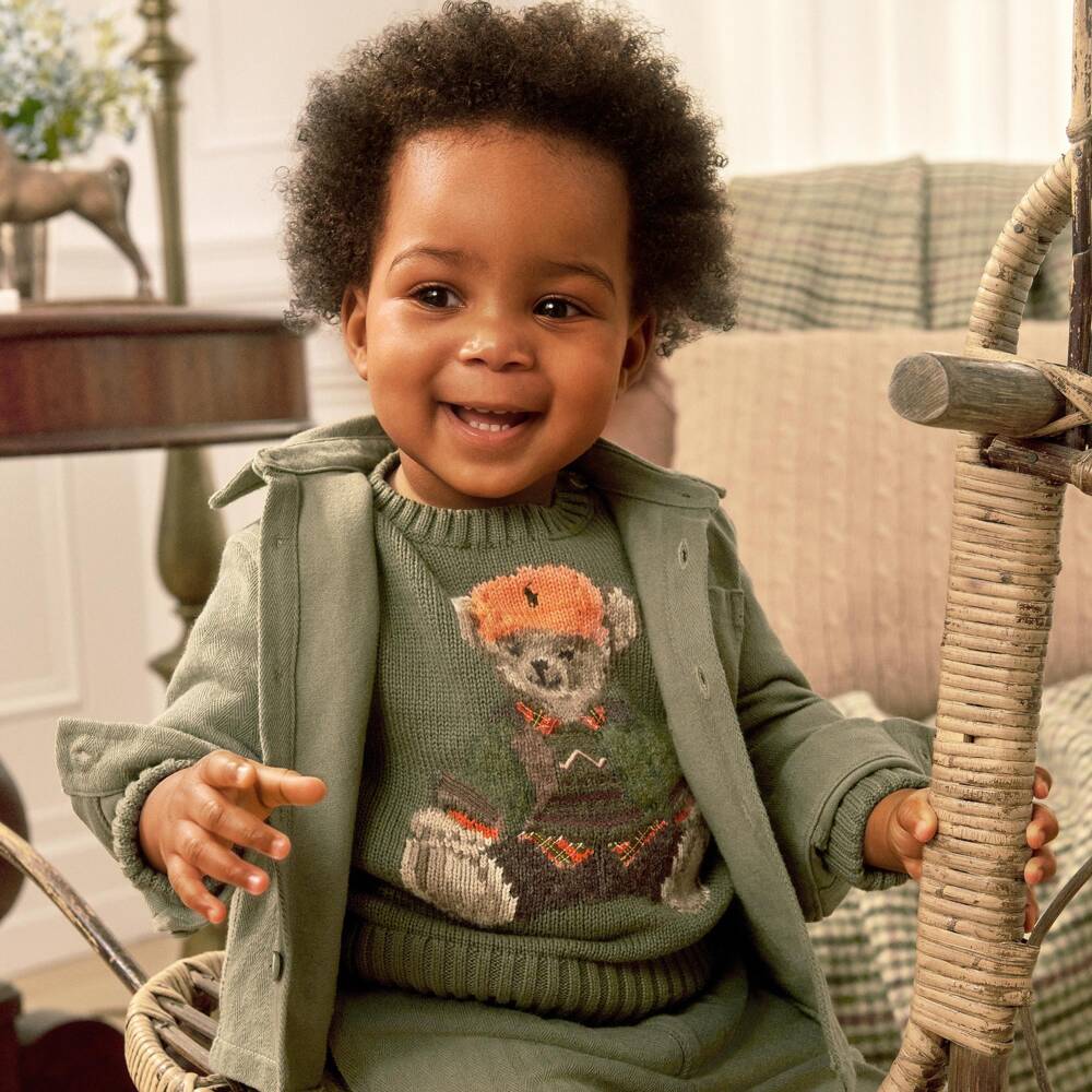 Ralph Lauren-Baby Boys Moss Green Polo Bear Crew Neck Sweater | Childrensalon