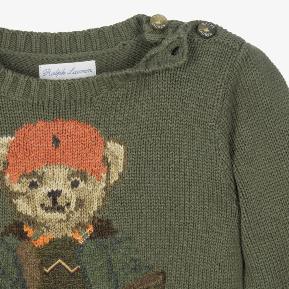 Ralph Lauren-Baby Boys Moss Green Polo Bear Crew Neck Sweater | Childrensalon