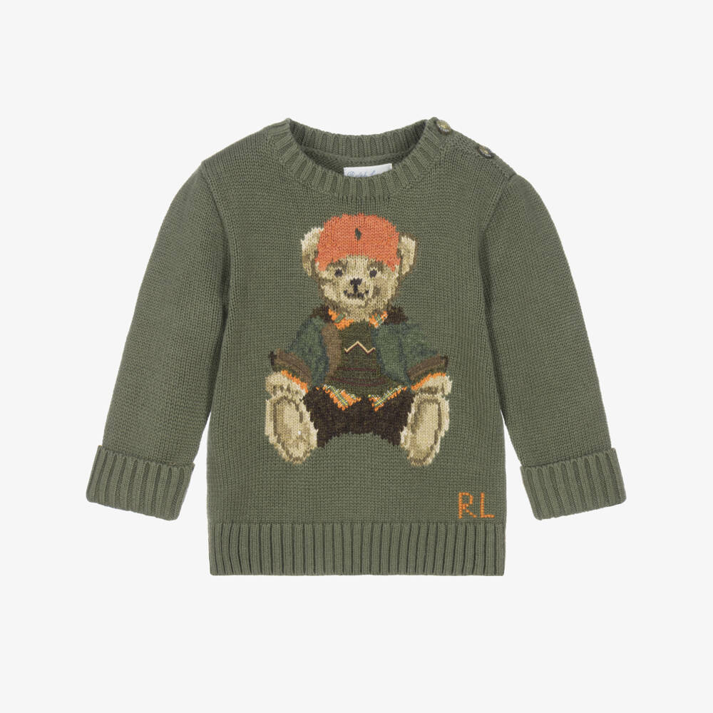 Ralph Lauren-Baby Boys Moss Green Polo Bear Crew Neck Sweater | Childrensalon