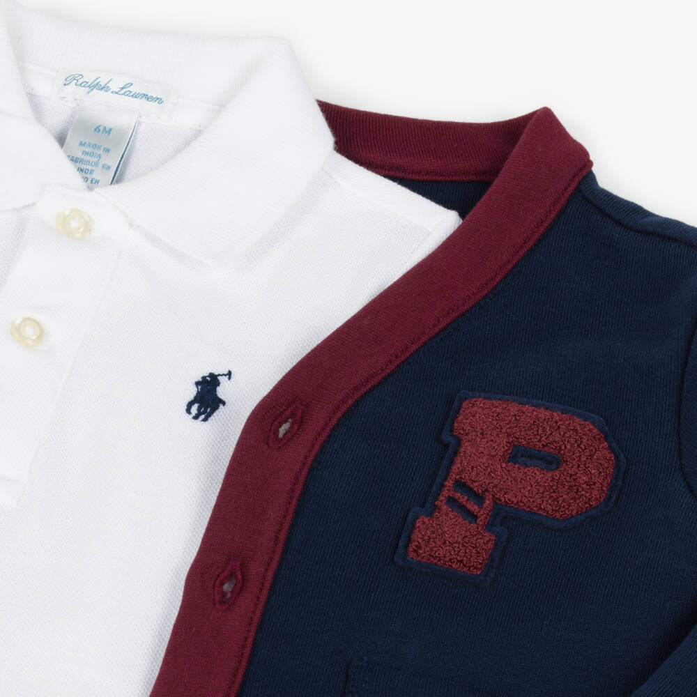 Ralph Lauren-Baby Boys Navy Blue Cardigan & Beige Trousers Set | Childrensalon