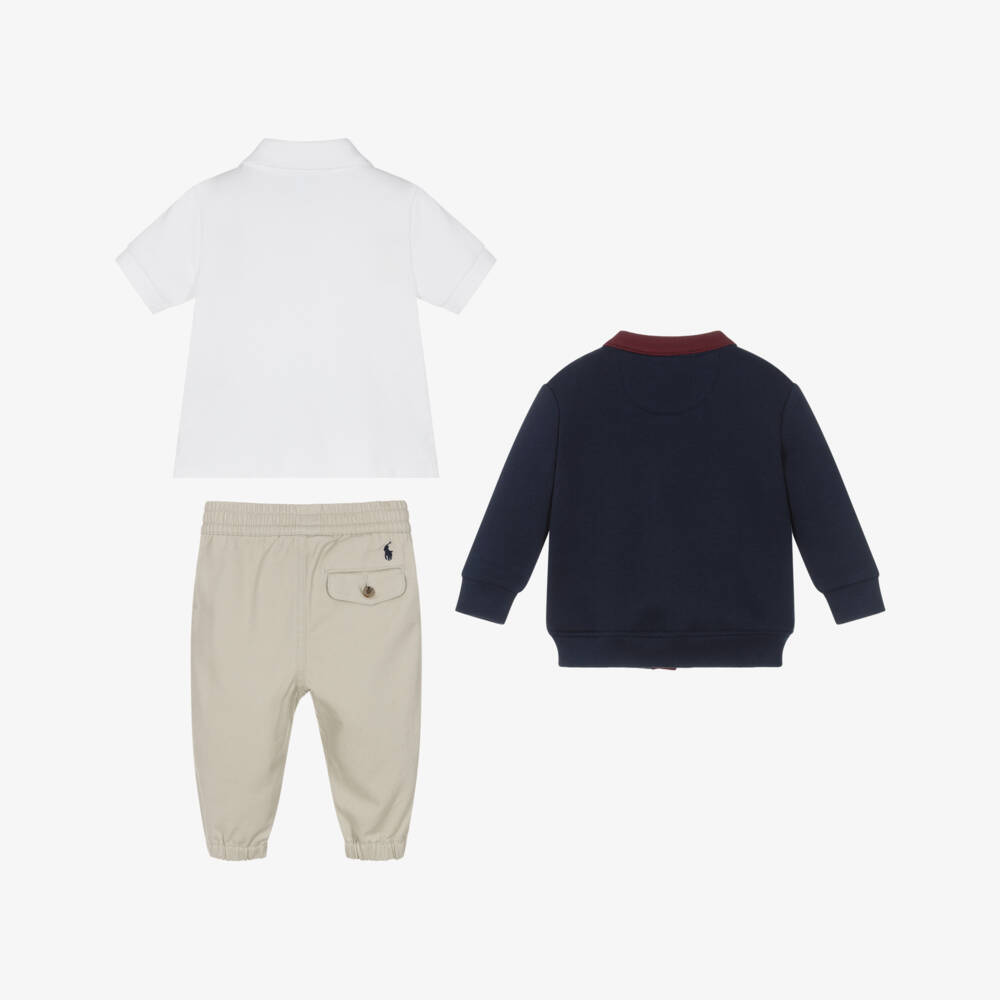 Ralph Lauren-Baby Boys Navy Blue Cardigan & Beige Trousers Set | Childrensalon