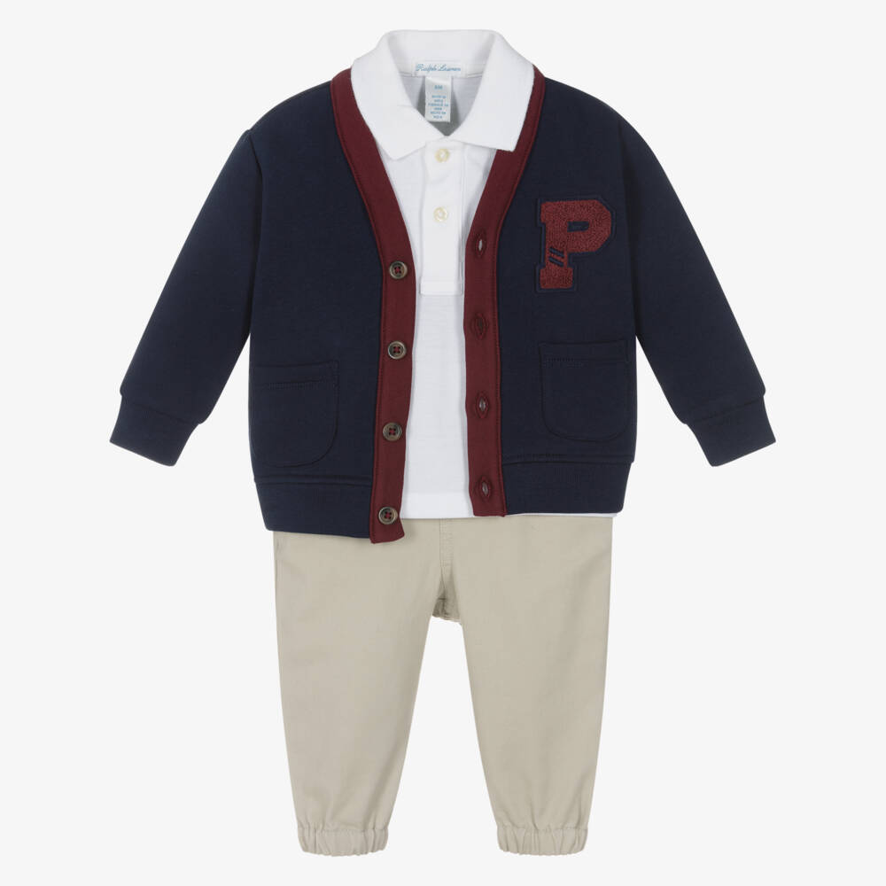 Ralph Lauren-Baby Boys Navy Blue Cardigan & Beige Trousers Set | Childrensalon