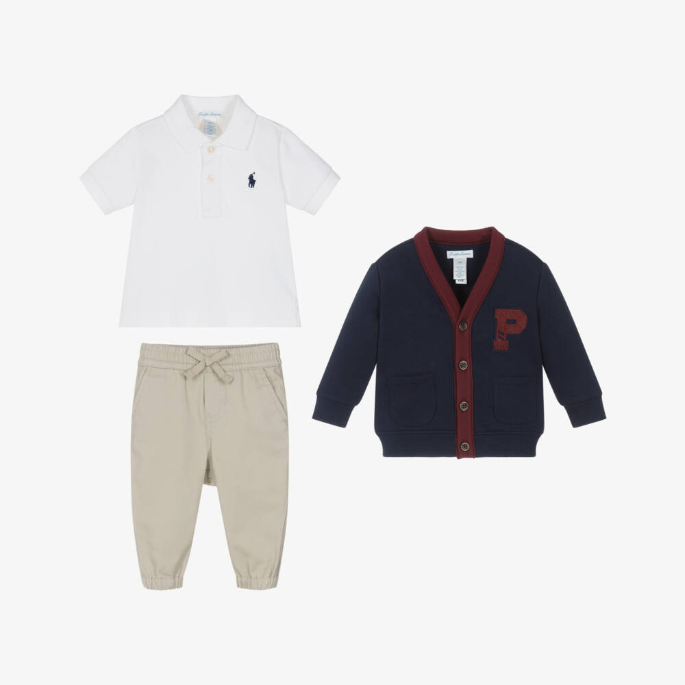 Ralph Lauren-Baby Boys Navy Blue Cardigan & Beige Trousers Set | Childrensalon