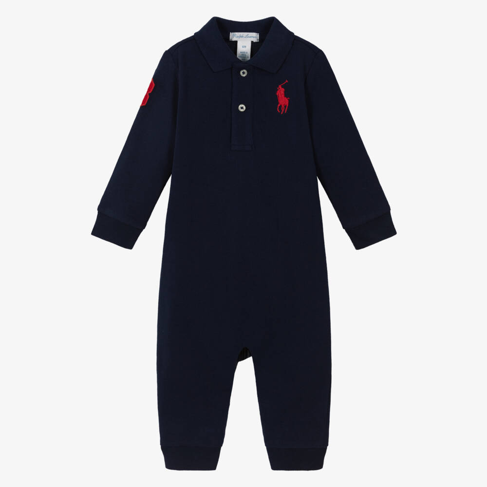 Ralph Lauren-Baby Boys Navy Blue Cotton Piqué Romper | Childrensalon