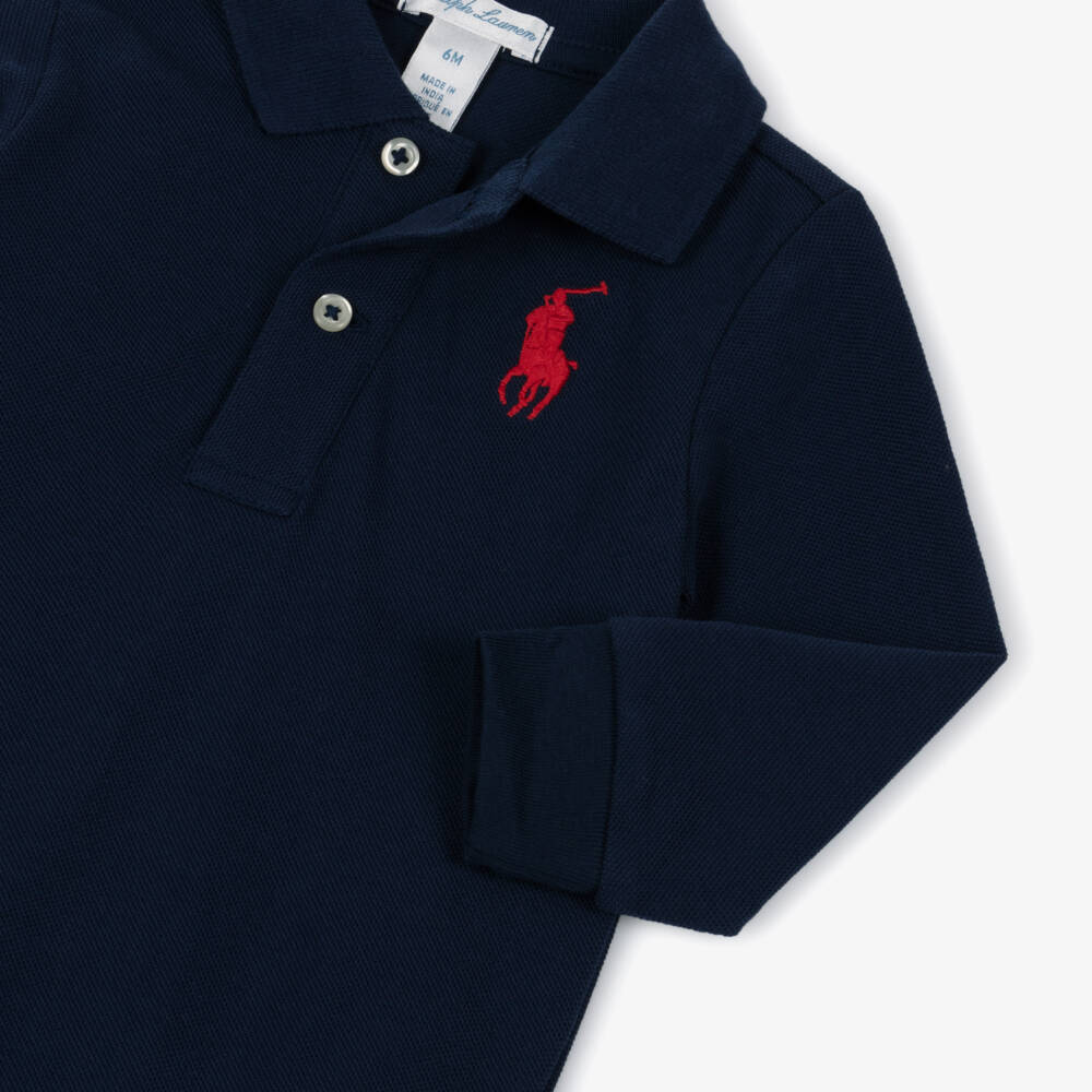 Ralph Lauren-Baby Boys Navy Blue Cotton Piqué Romper | Childrensalon