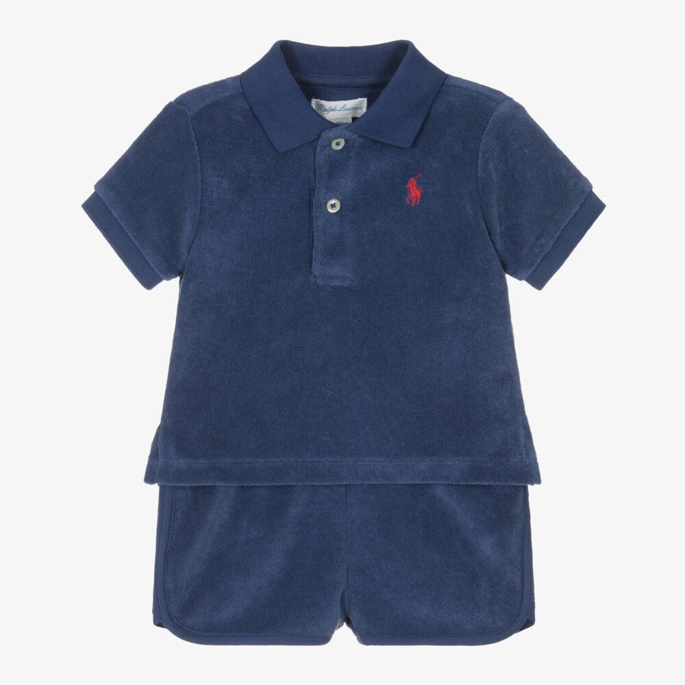 Ralph Lauren-Baby Boys Navy Blue Cotton Towelling Shorts Set | Childrensalon
