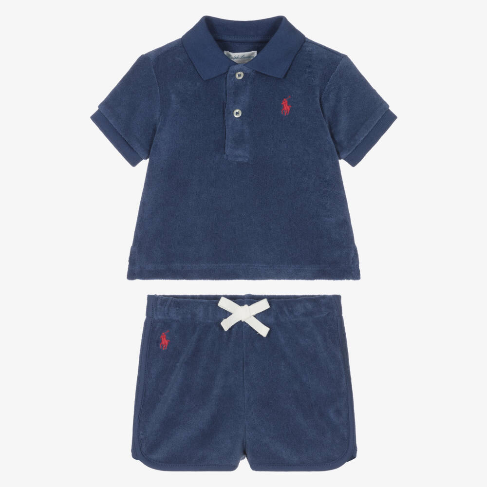 Ralph Lauren-Baby Boys Navy Blue Cotton Towelling Shorts Set | Childrensalon