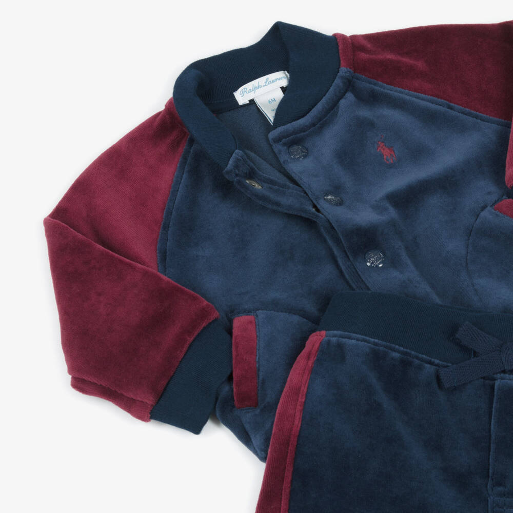 Ralph Lauren-Baby Boys Navy Blue Cotton Velour Tracksuit with Burgundy Trim | Childrensalon