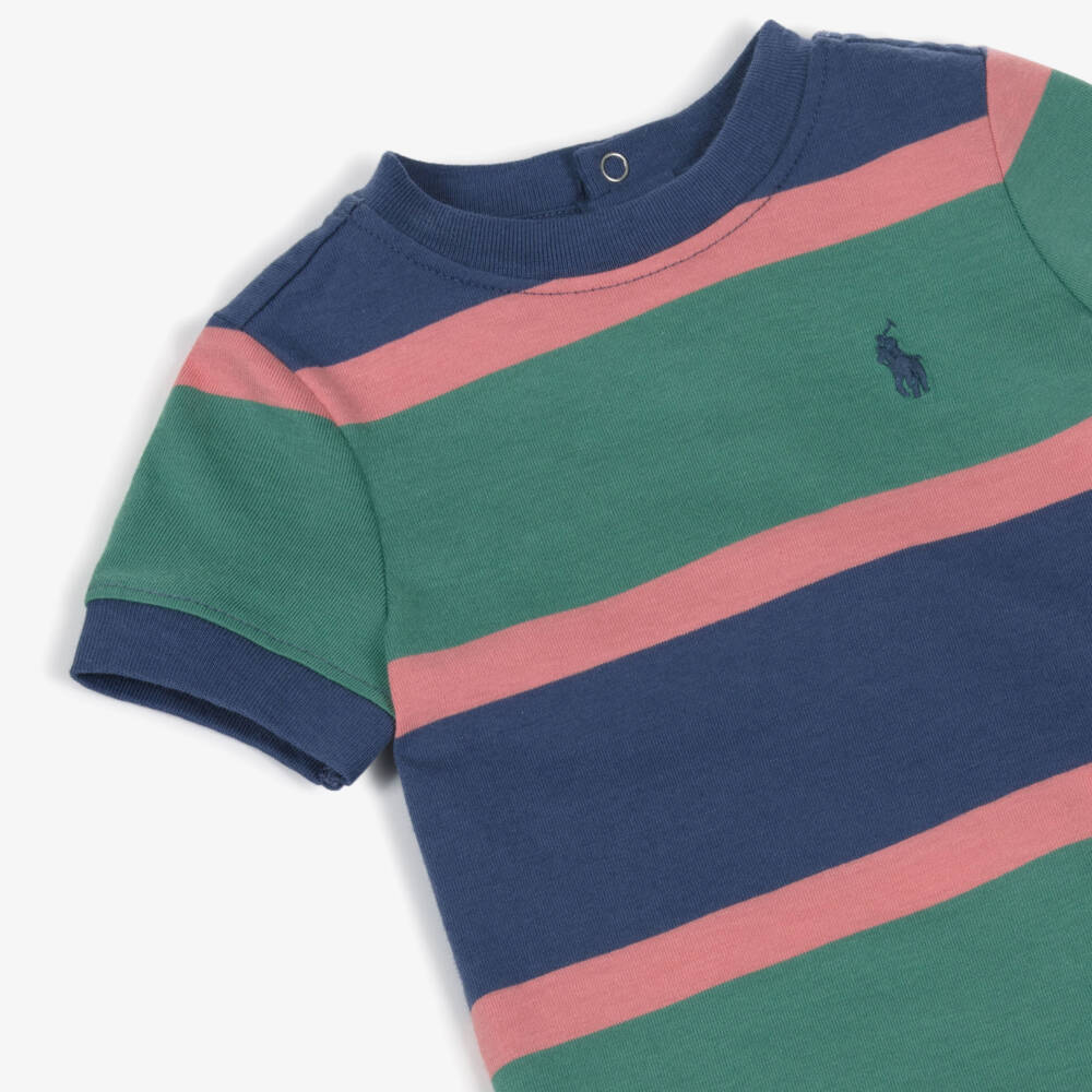 Ralph Lauren-Baby Boys Navy Blue & Green Stripe Cotton Jersey Shortie | Childrensalon