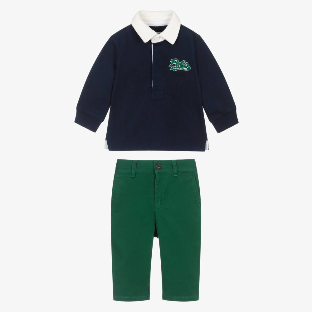Ralph Lauren-Baby Boys Navy Blue & Green Trouser Set | Childrensalon
