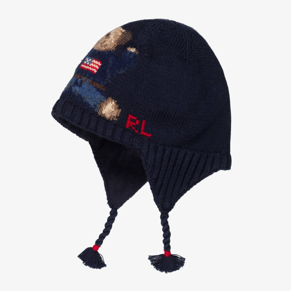 Ralph Lauren-قبعة محبوكة بشعار دب بولو لون كحلي للأولاد الرضع | Childrensalon