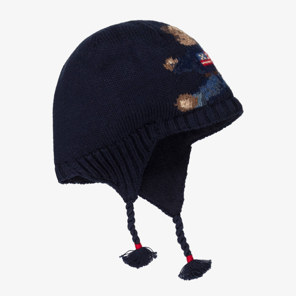 Ralph Lauren-قبعة محبوكة بشعار دب بولو لون كحلي للأولاد الرضع | Childrensalon