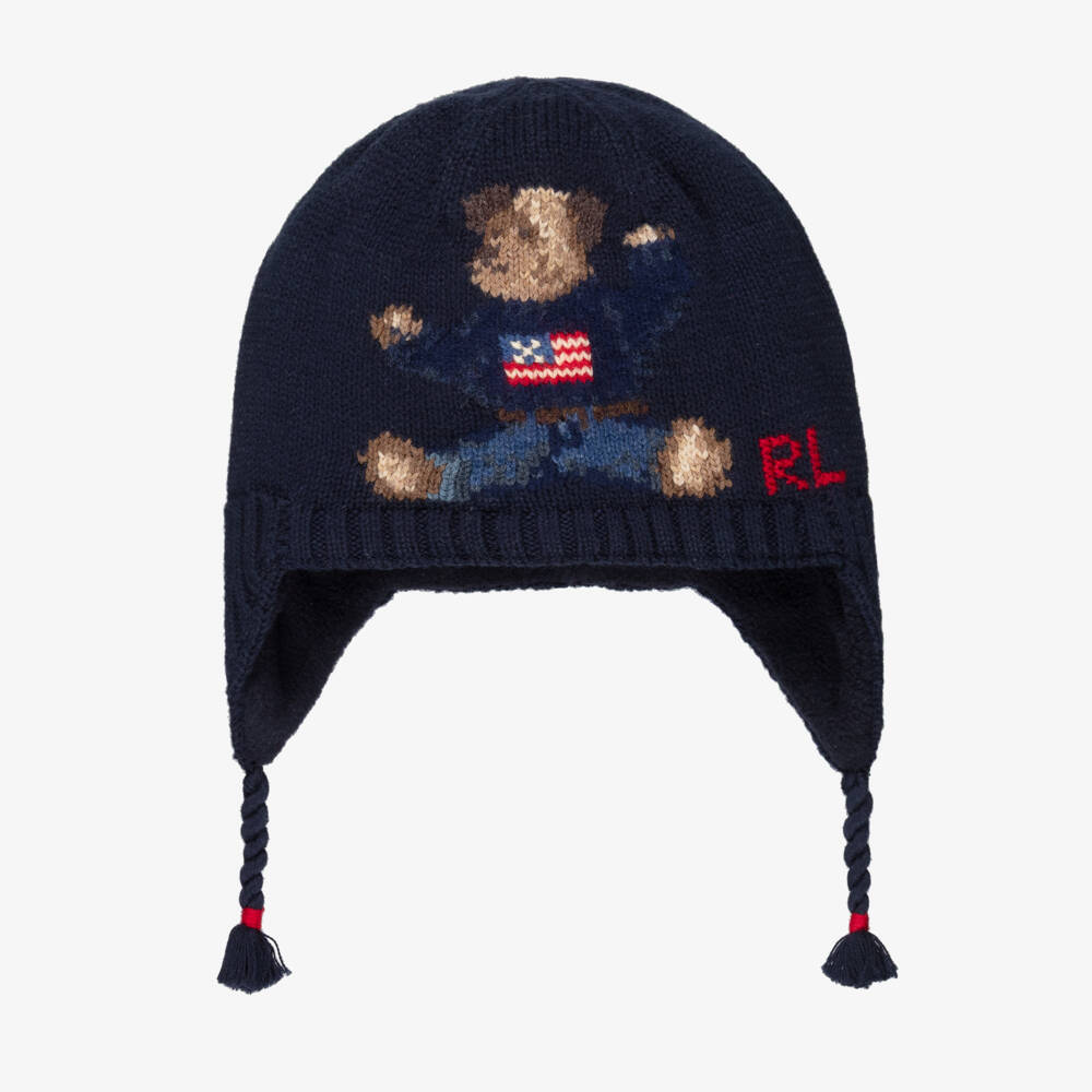 Ralph Lauren-Baby Boys Navy Blue Knitted Hat with Polo Bear Motif | Childrensalon