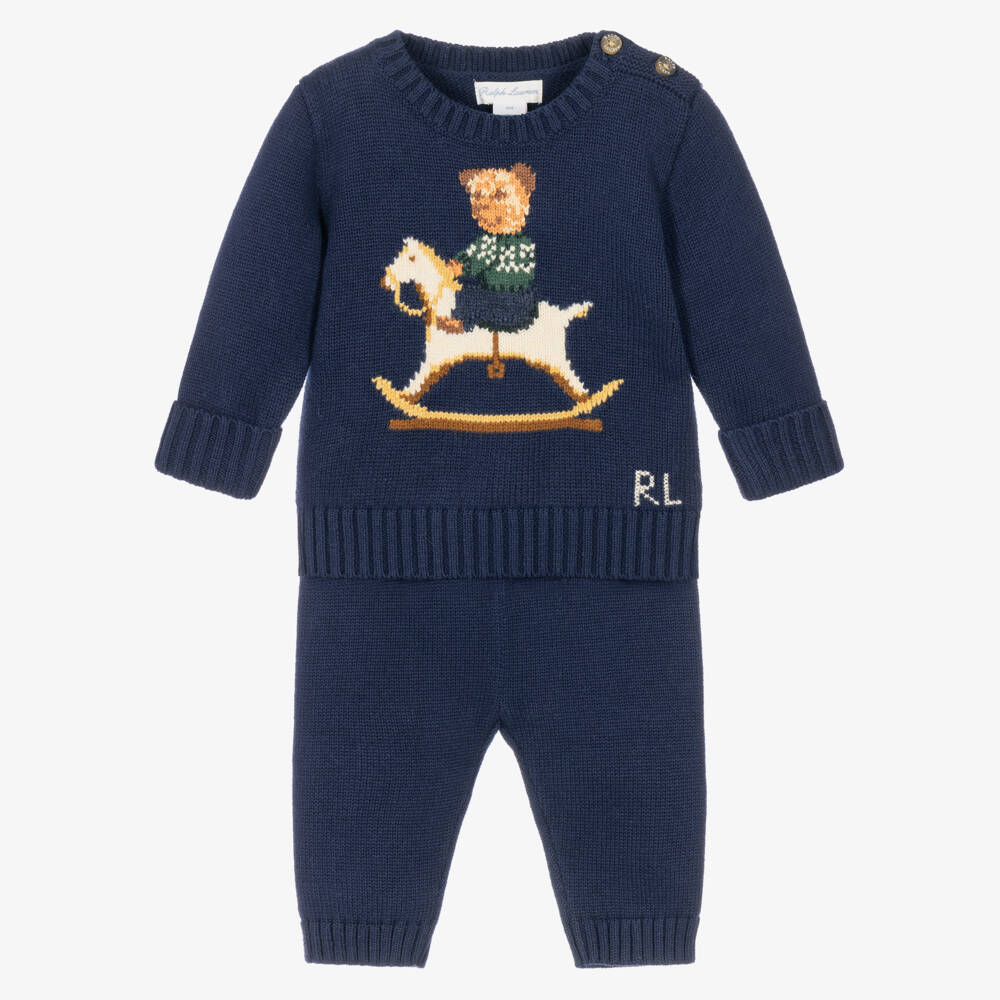 Ralph Lauren-Baby Boys Navy Blue Polo Bear Knitted Trouser Set  | Childrensalon