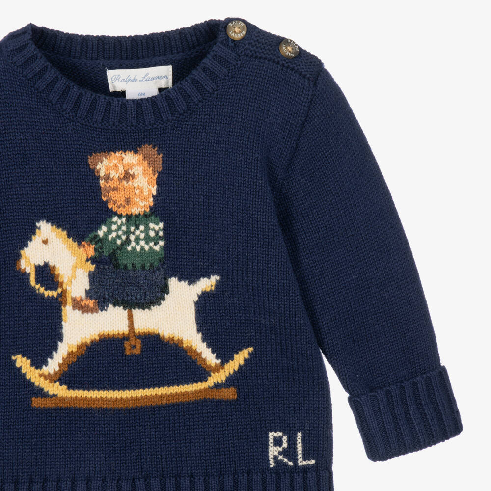 Ralph Lauren-Baby Boys Navy Blue Polo Bear Knitted Trouser Set | Childrensalon