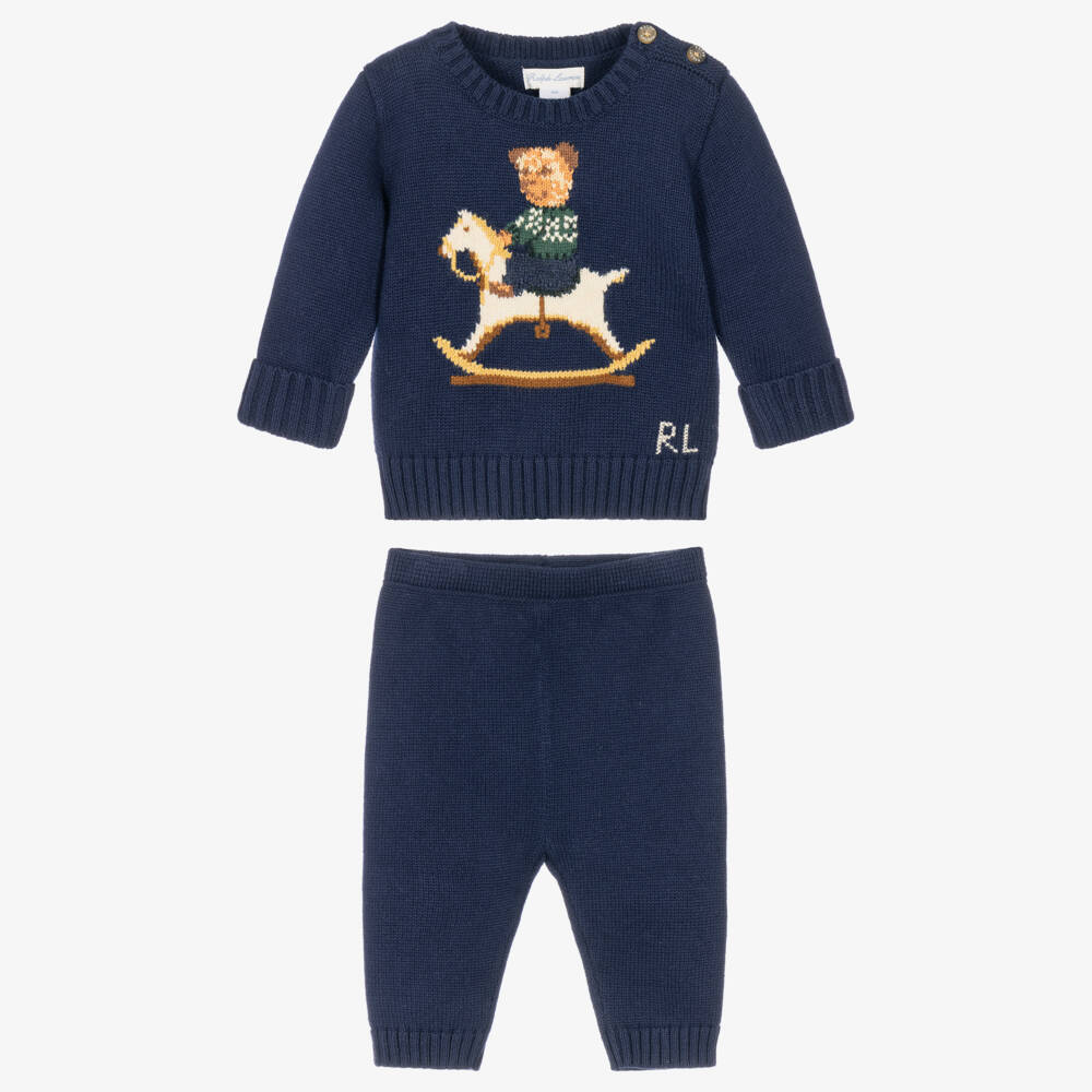 Ralph Lauren-Baby Boys Navy Blue Polo Bear Knitted Trouser Set | Childrensalon