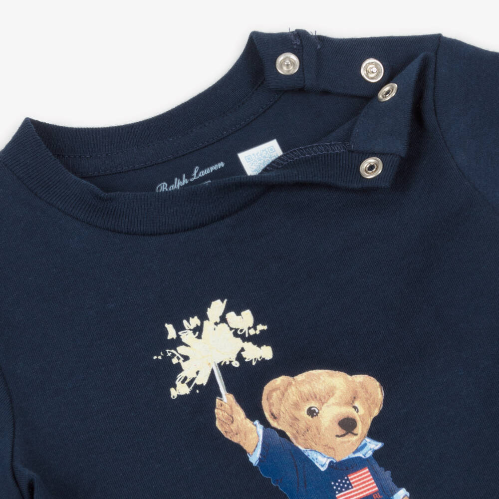 Ralph Lauren-Baby Boys Navy Blue Polo Bear Print Cotton T-Shirt | Childrensalon