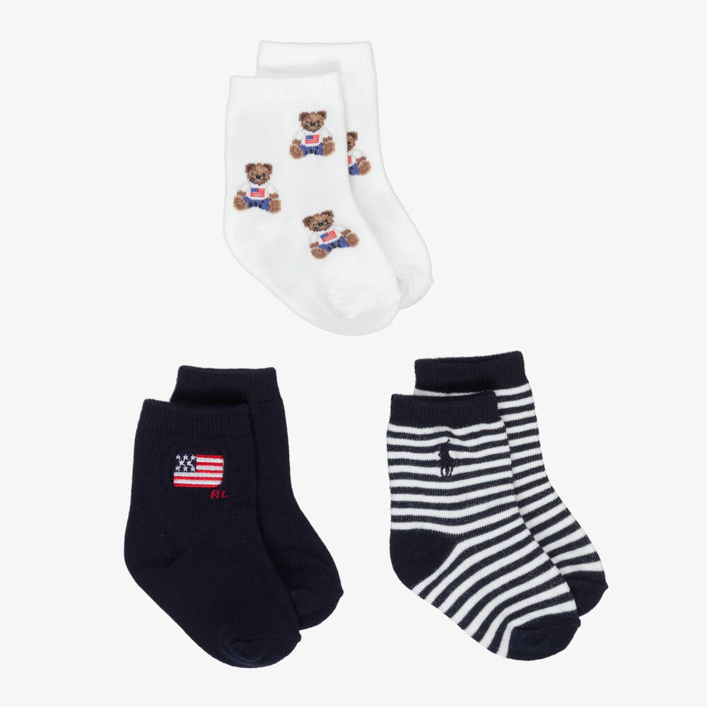 Ralph Lauren-Baby Boys Navy Blue & White Cotton Socks (3 Pack) | Childrensalon