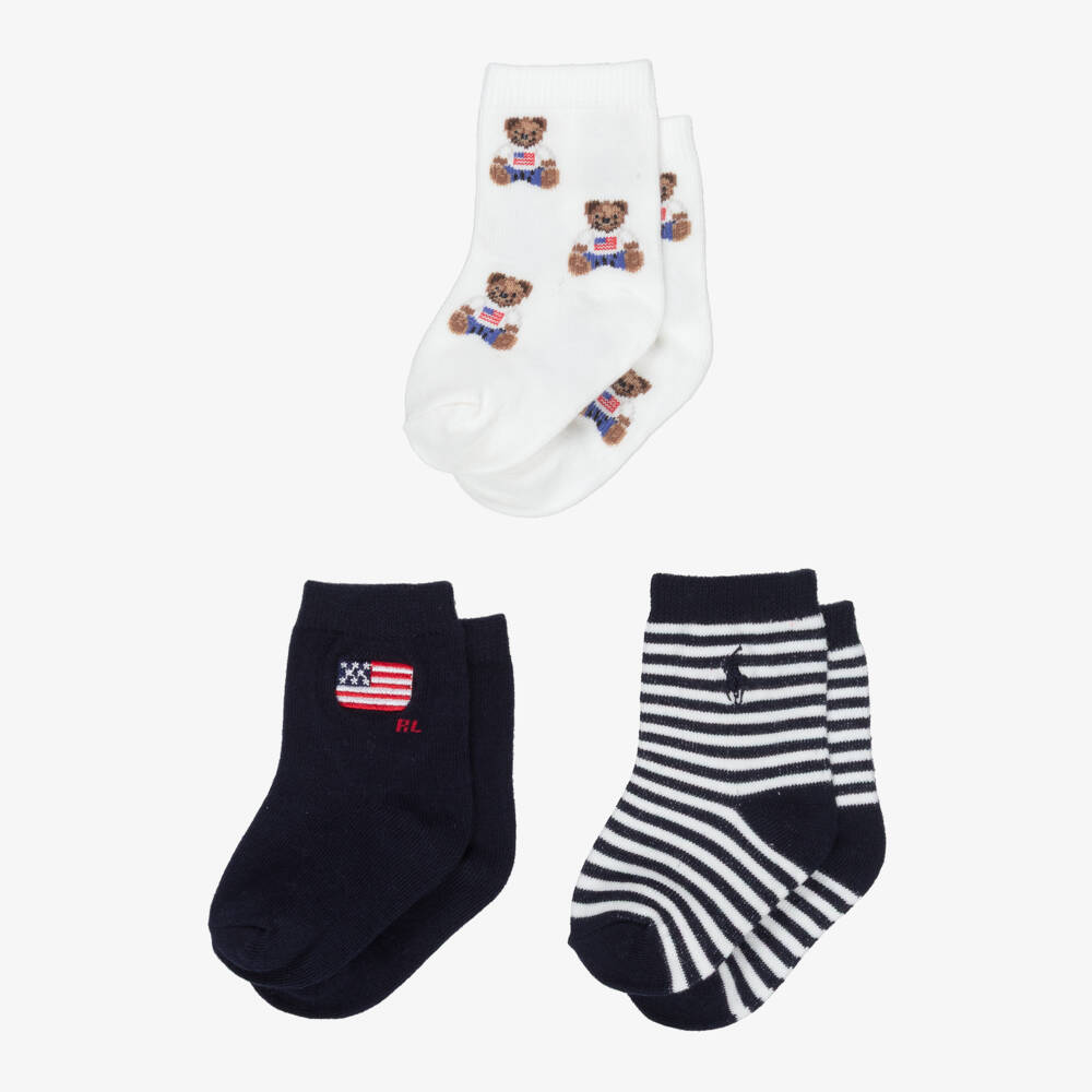 Ralph Lauren-Baby Boys Navy Blue & White Cotton Socks (3 Pack) | Childrensalon