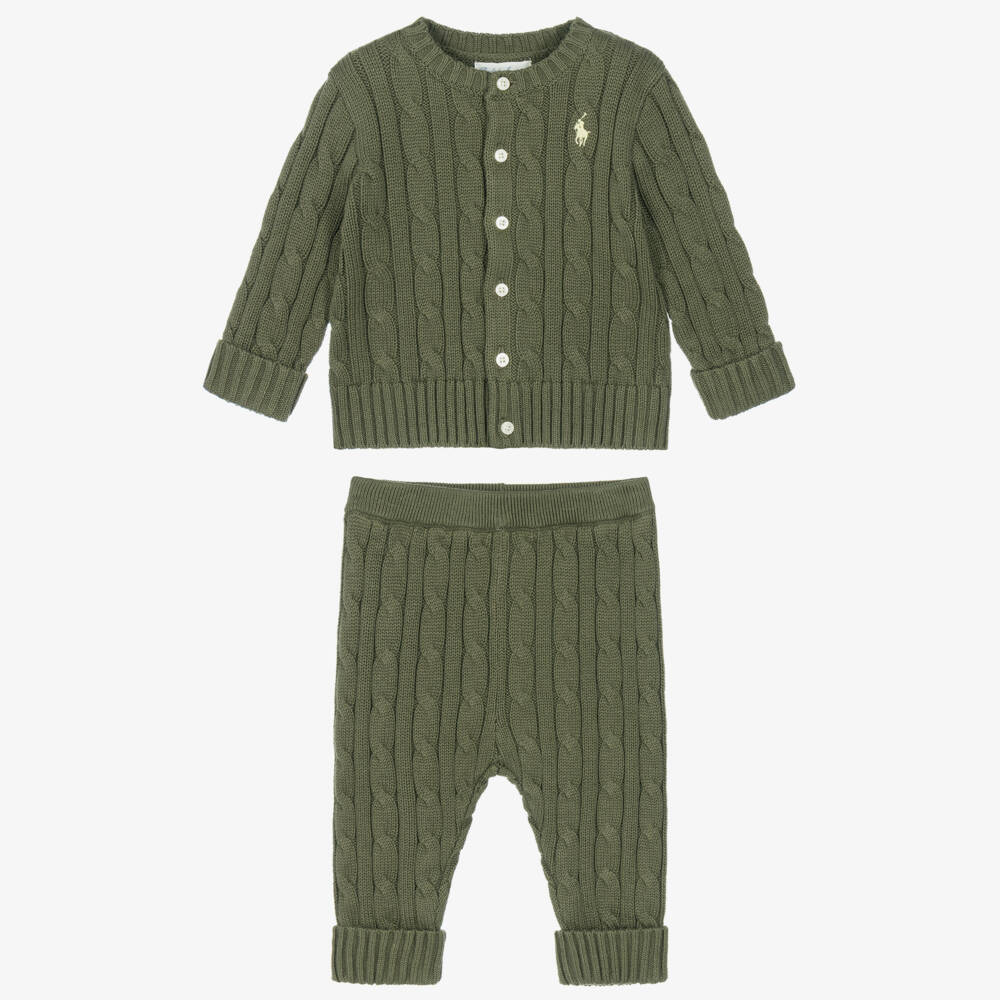 Ralph Lauren-Baby Boys Olive Green Knitted Trouser Set | Childrensalon