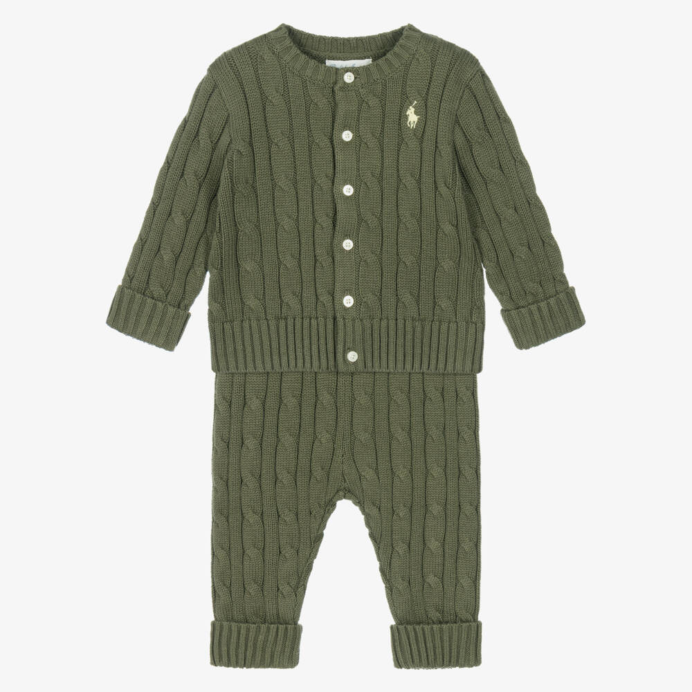 Ralph Lauren-Baby Boys Olive Green Knitted Trouser Set | Childrensalon