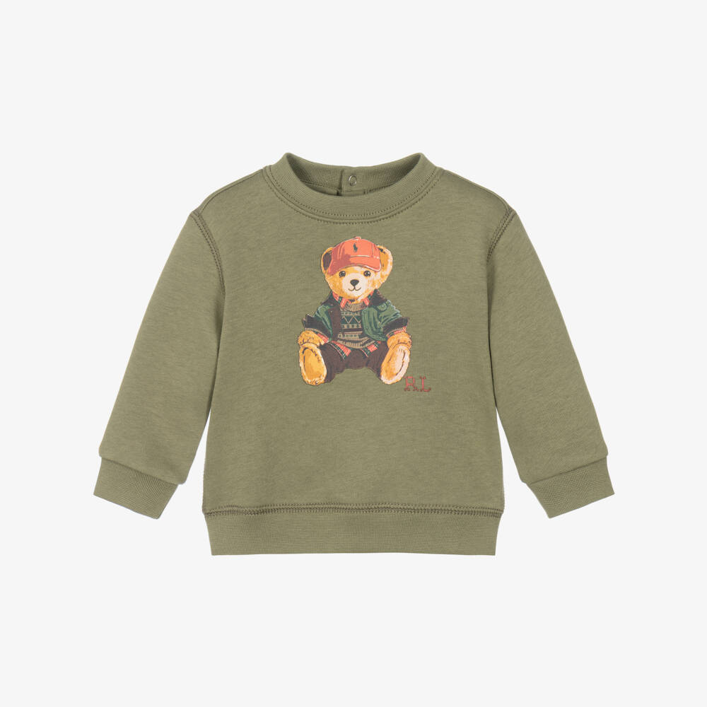 Ralph Lauren-Baby Boys Olive Green Polo Bear Sweatshirt | Childrensalon