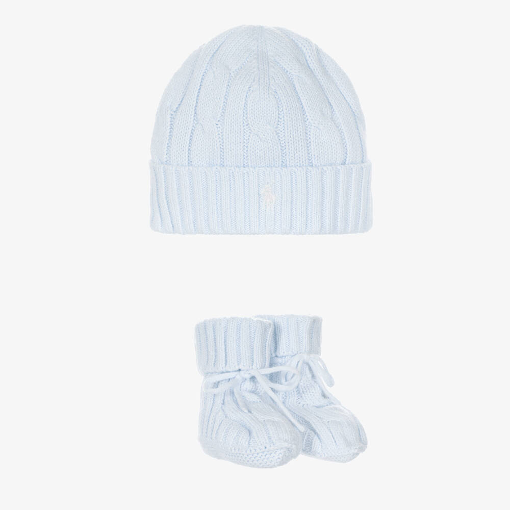 Ralph Lauren-Baby Boys Pale Blue Cotton Cable Knit Hat & Booties Set | Childrensalon