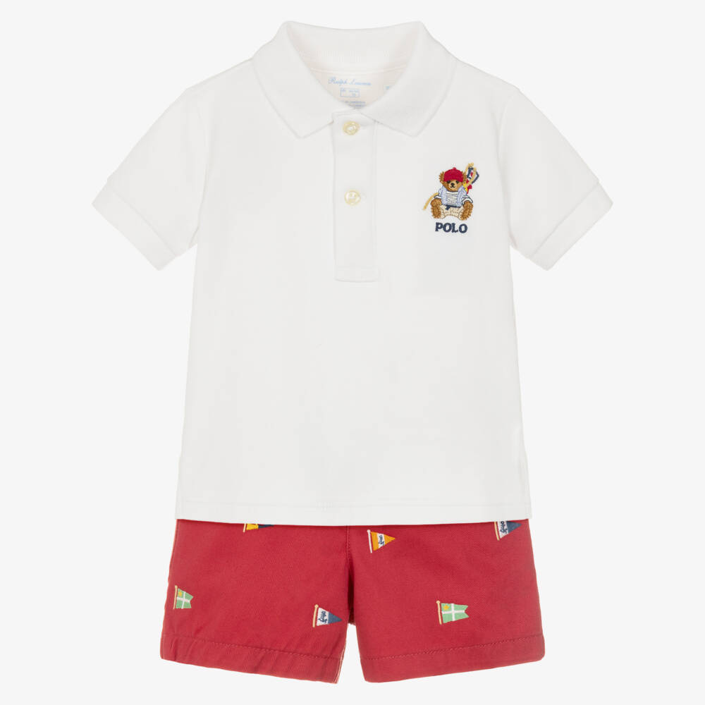 Ralph Lauren-Baby Boys Red Cotton Shorts Set with Embroidered Polo Bear | Childrensalon