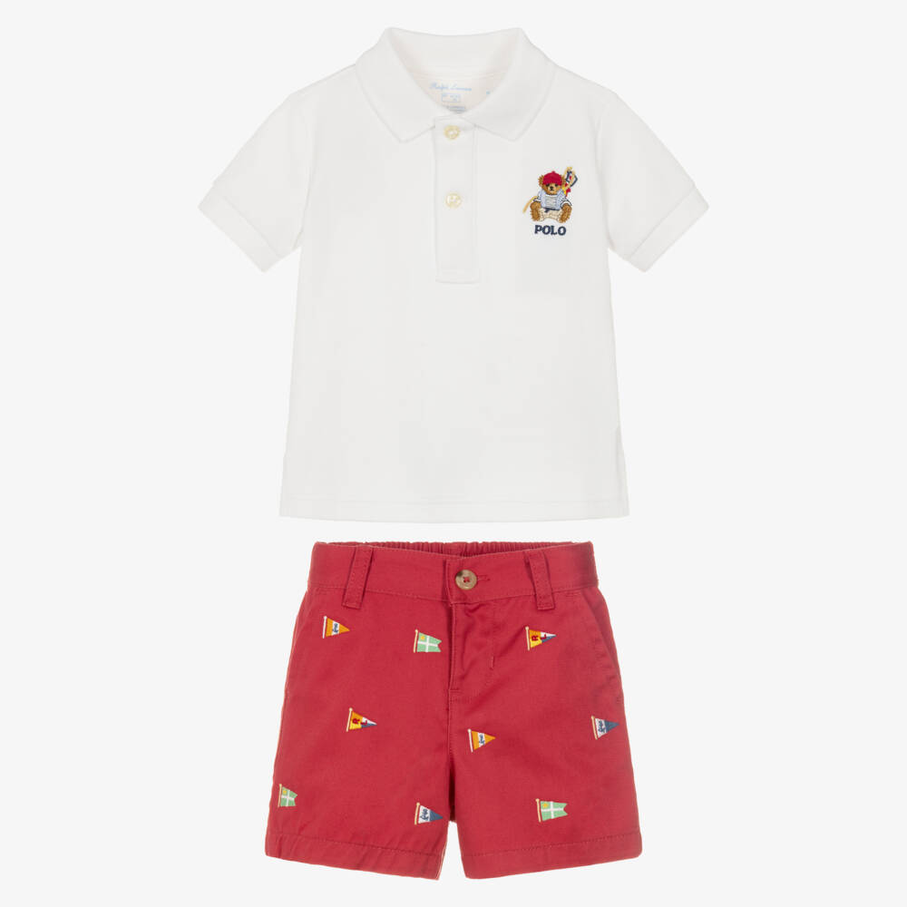 Ralph Lauren-Baby Boys Red Cotton Shorts Set with Embroidered Polo Bear | Childrensalon