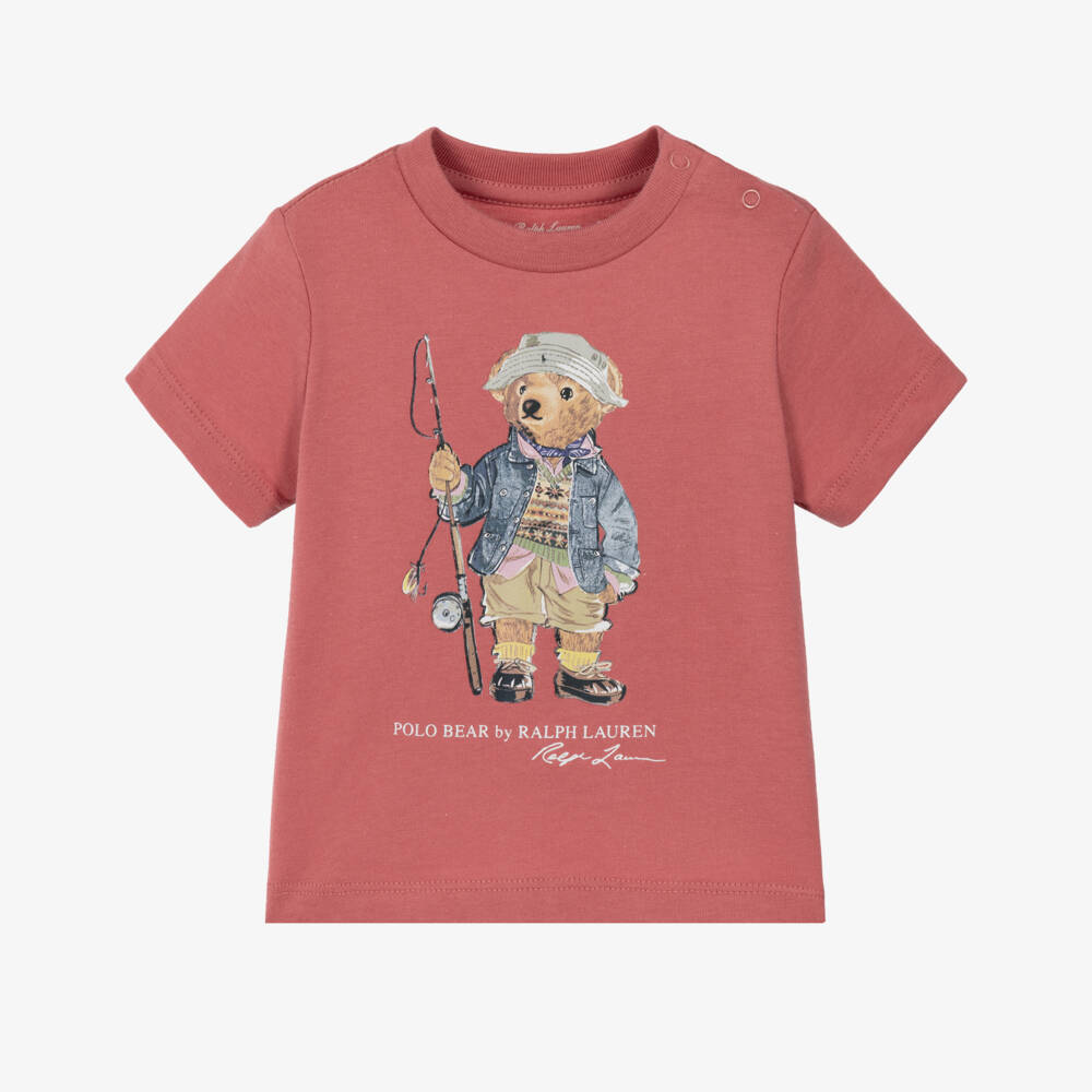 Ralph Lauren-Baby Boys Red Cotton T-Shirt with Fishing Polo Bear | Childrensalon