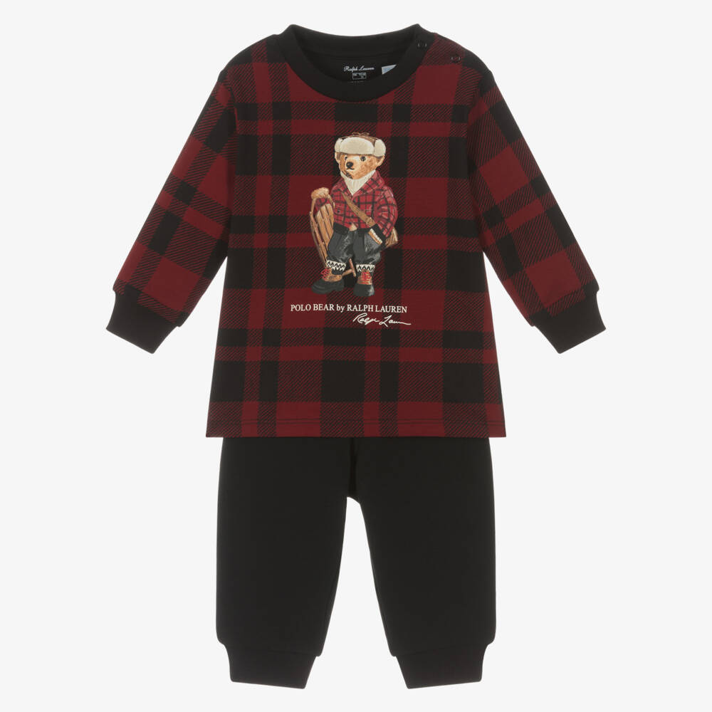 Ralph Lauren-Baby Boys Red Tartan Trouser Set with Sledging Polo Bear | Childrensalon