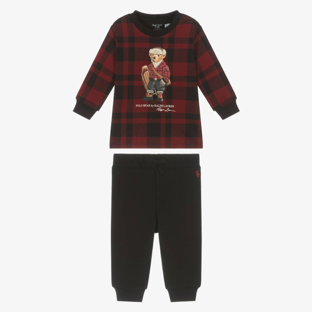 Ralph Lauren-Baby Boys Red Tartan Trouser Set with Sledging Polo Bear | Childrensalon