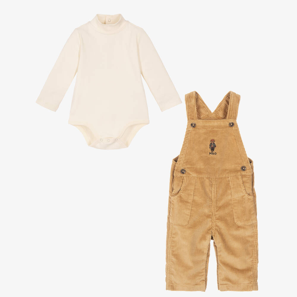 Ralph Lauren-Baby Boys Sand Beige Corduroy Dungaree Set | Childrensalon