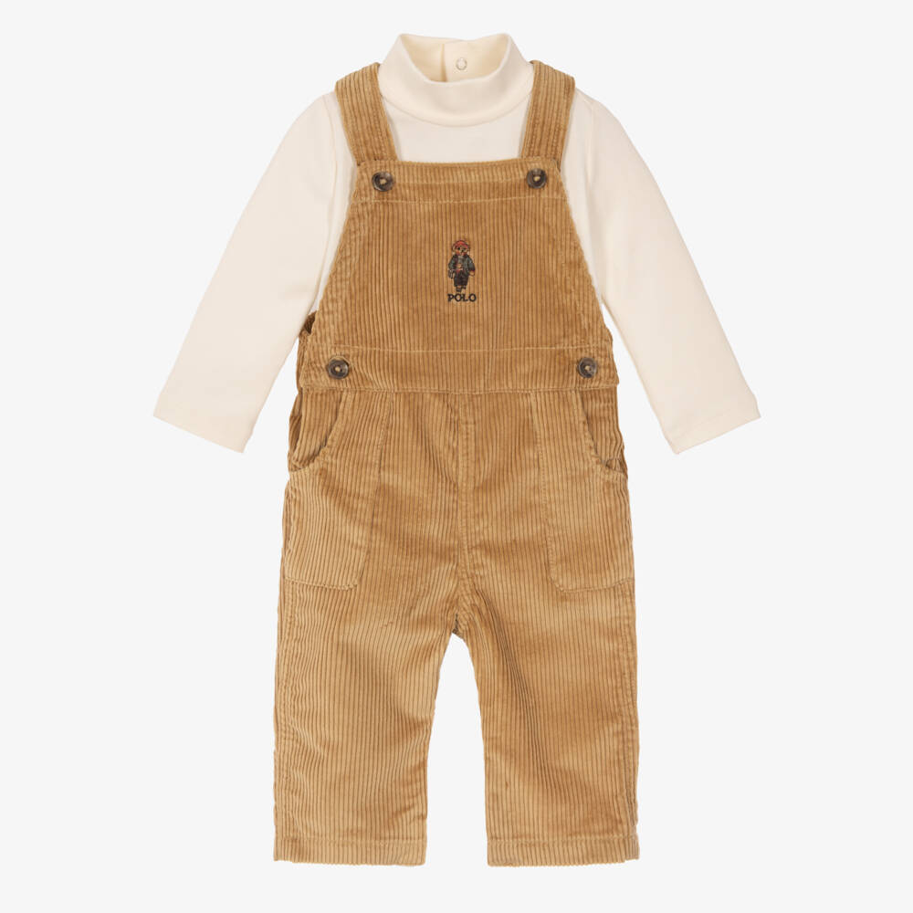 Ralph Lauren-Baby Boys Sand Beige Corduroy Dungaree Set | Childrensalon