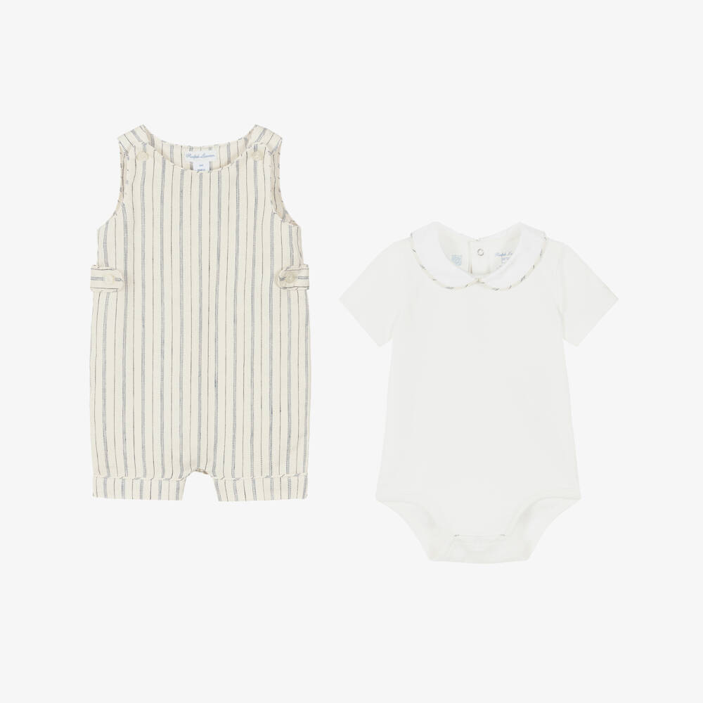 Ralph Lauren-Baby Boys Striped Beige Dungaree Set | Childrensalon