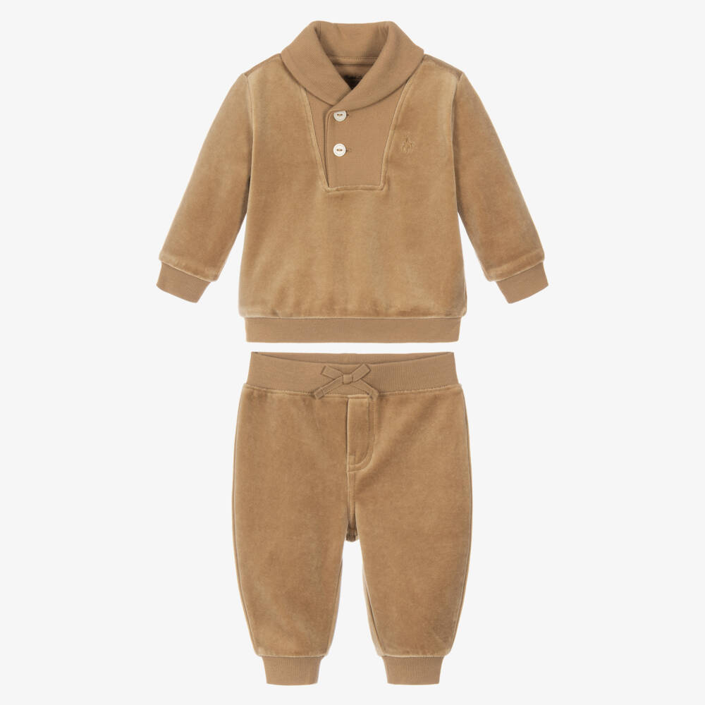 Ralph Lauren-Baby Boys Tracksuit in Beige Velour | Childrensalon