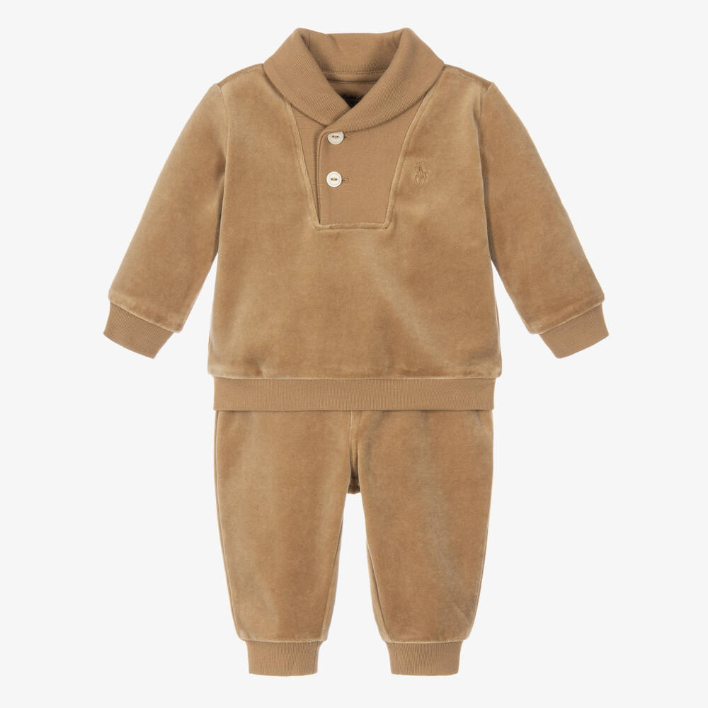 Ralph Lauren-Baby Boys Tracksuit in Beige Velour | Childrensalon