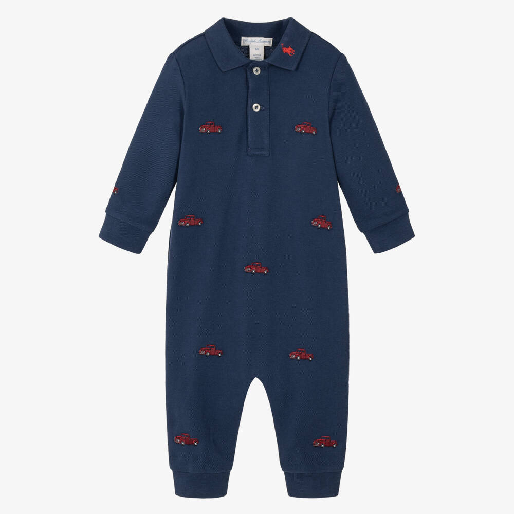 Ralph Lauren-Baby Boys Truck Embroidered Romper in Navy Blue | Childrensalon