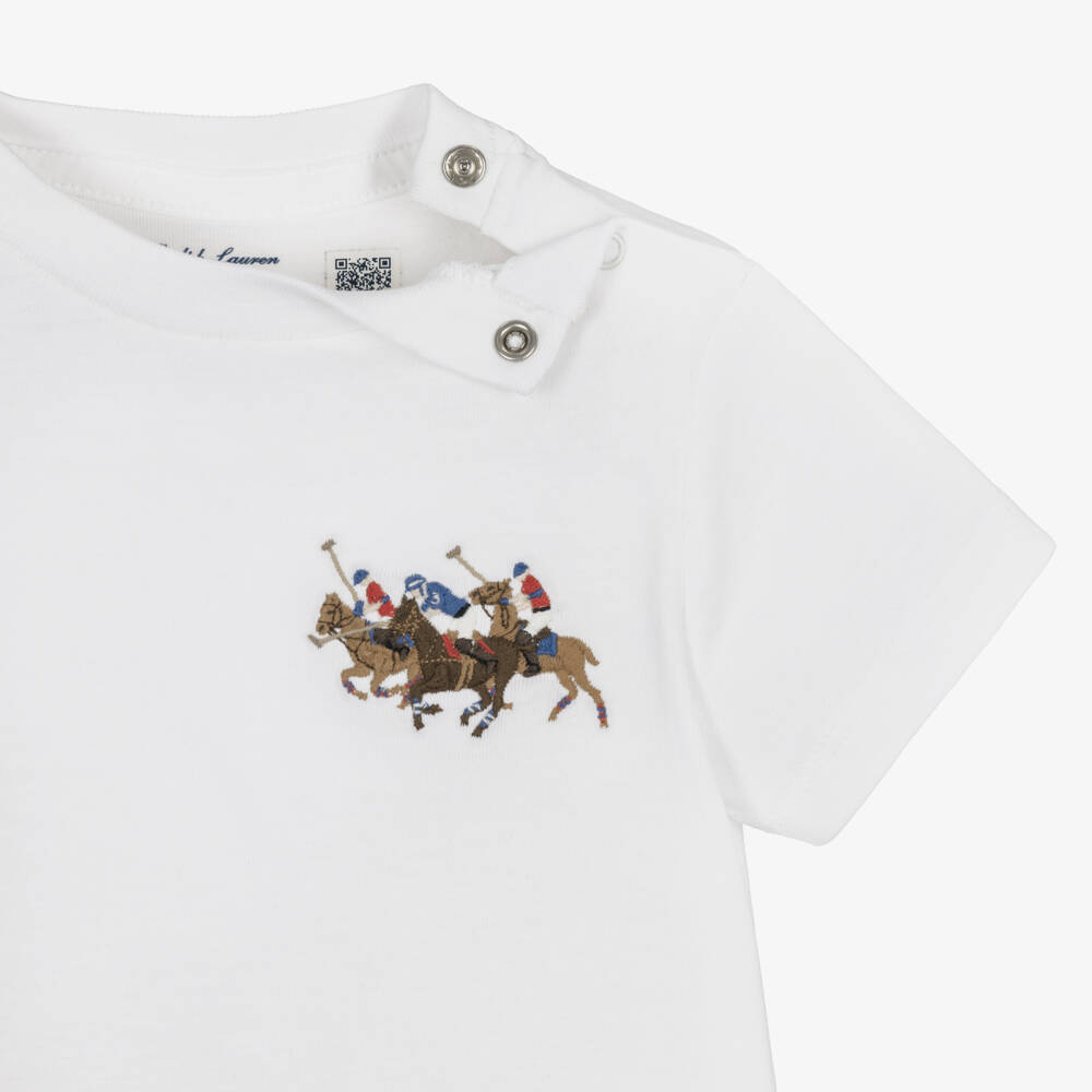 Ralph Lauren-تيشيرت بشعار المهر الثلاثي قطن لون أبيض للأولاد الرضع | Childrensalon