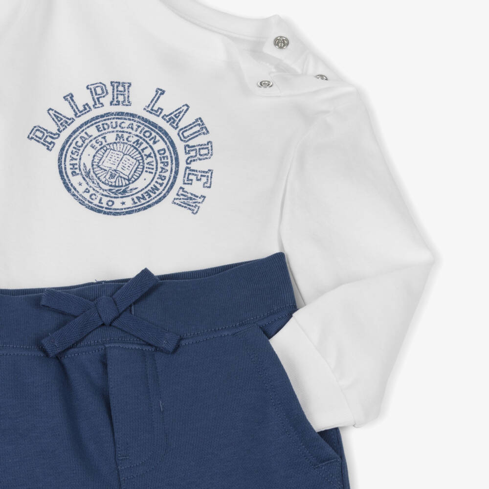 Ralph Lauren-Baby Boys White Cotton Varsity Logo Trouser Set | Childrensalon