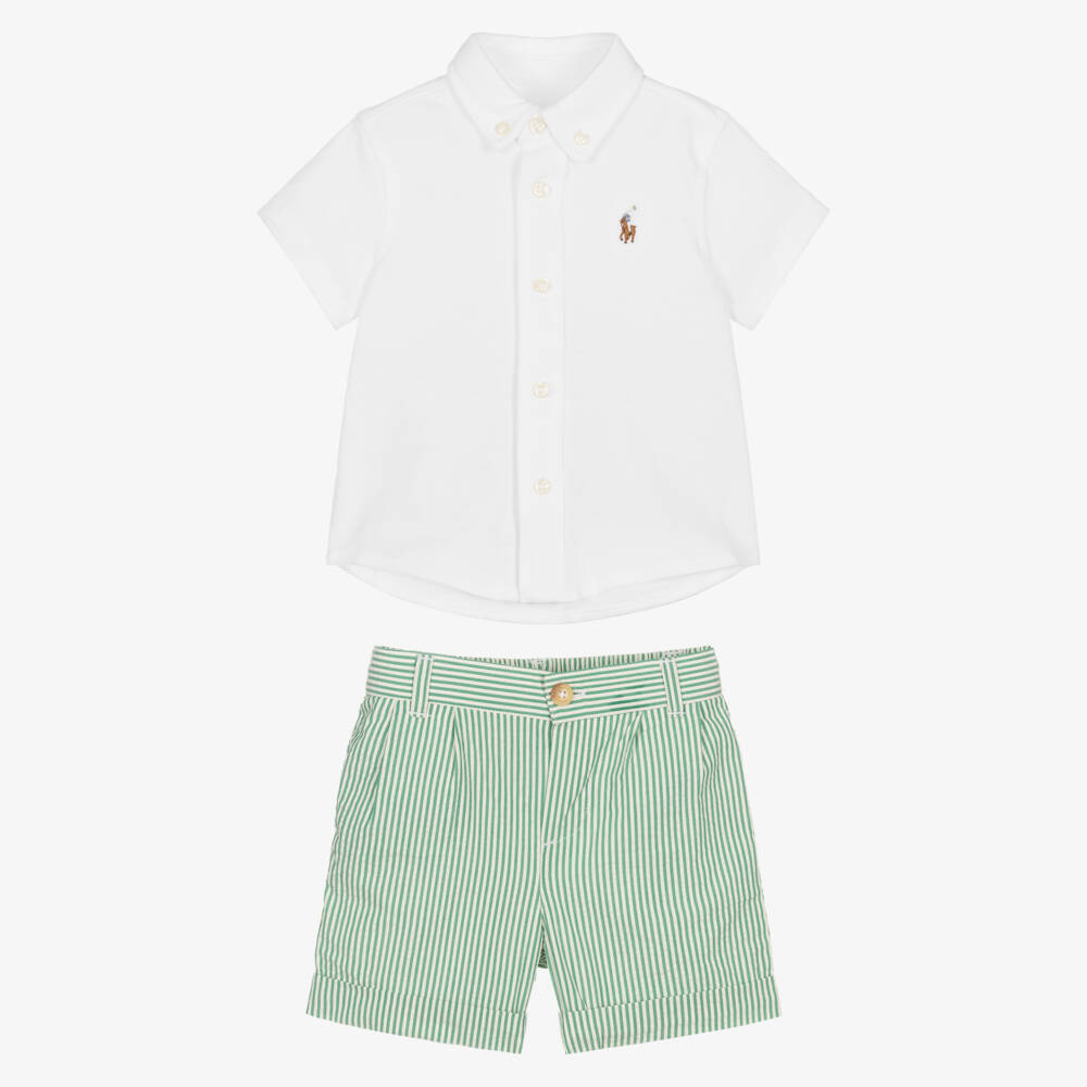 Ralph Lauren-Baby Boys White & Green Striped Cotton Shorts Set | Childrensalon